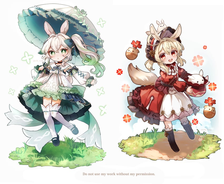 nahida, klee, dodoco, and jumpy dumpty (genshin impact) drawn by ichiyume_ichiyu