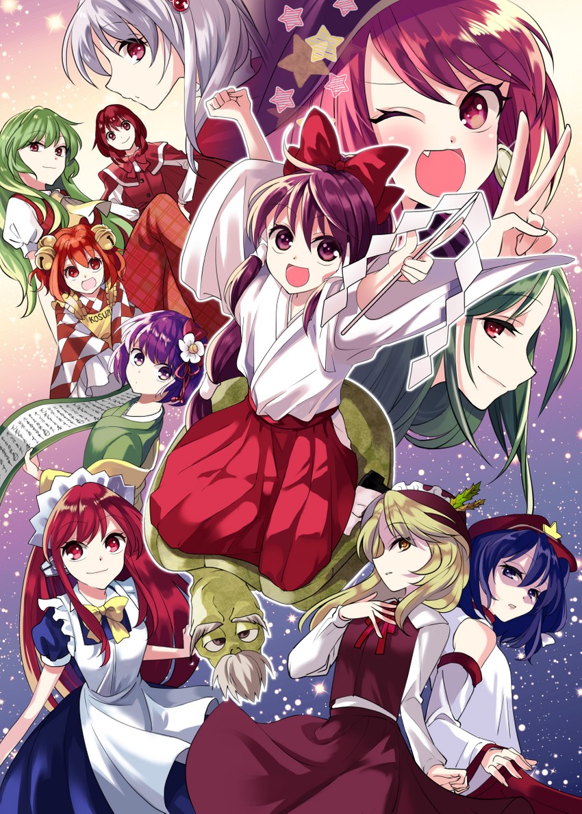 hakurei reimu, kirisame marisa, kazami yuuka, hieda no akyuu, motoori kosuzu, and 7 more (touhou and 3 more) drawn by katayama_kei