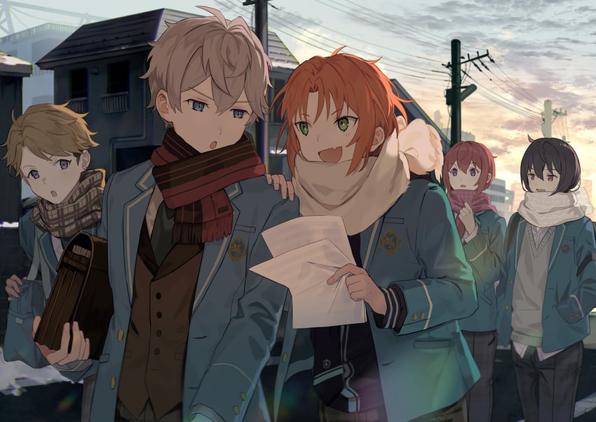 sakuma ritsu, tsukinaga leo, sena izumi, suou tsukasa, and narukami arashi (ensemble stars!) drawn by motto_(night_wear)