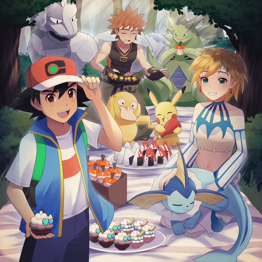 pikachu, ash ketchum, misty, vaporeon, psyduck, and 3 more (pokemon and 2 more) drawn by doiparuni