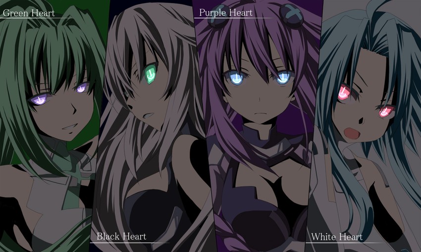 purple heart, black heart, white heart, and green heart (neptune) drawn by minagi