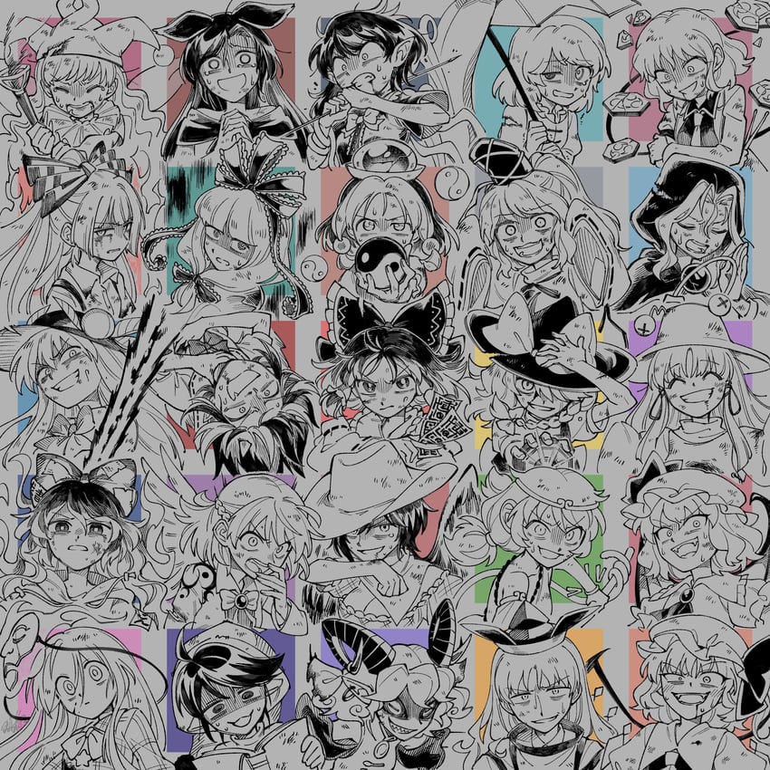 hakurei reimu, kirisame marisa, remilia scarlet, flandre scarlet, fujiwara no mokou, and 20 more (touhou) drawn by shikido_(khf)