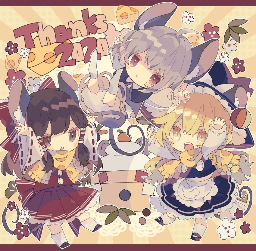 hakurei reimu, kirisame marisa, and nazrin (touhou) drawn by nikorashi-ka