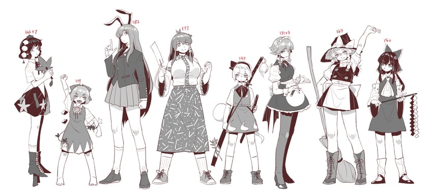 hakurei reimu, kirisame marisa, izayoi sakuya, kochiya sanae, konpaku youmu, and 3 more (touhou) drawn by frogsnake