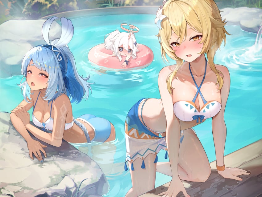 lumine, paimon, and mualani (genshin impact) drawn by pi_tayuko