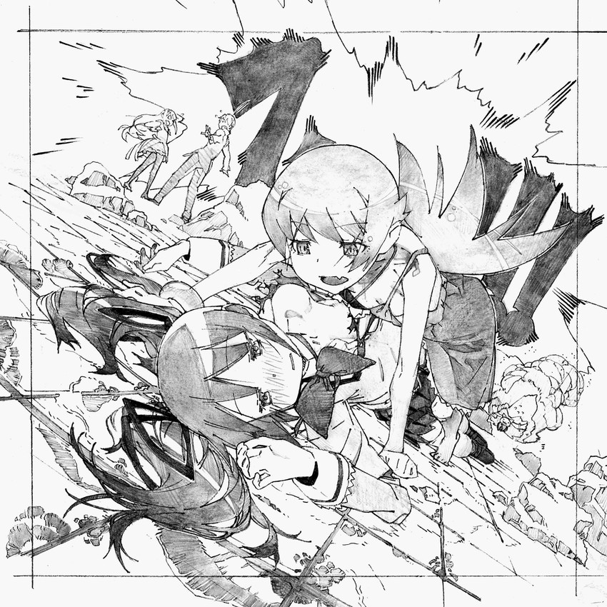 akemi homura, kaname madoka, kyubey, oshino shinobu, and araragi koyomi (mahou shoujo madoka magica and 2 more)