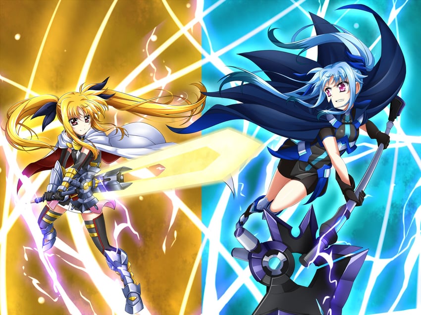 fate testarossa, bardiche, levi the slasher, and vulnificus (lyrical nanoha and 1 more) drawn by yorousa_(yoroiusagi)