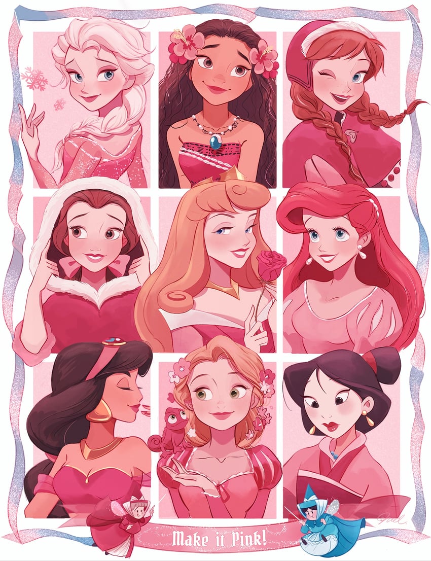 elsa, anna, ariel, rapunzel, jasmine, and 7 more (frozen and 9 more) drawn by melchencanto