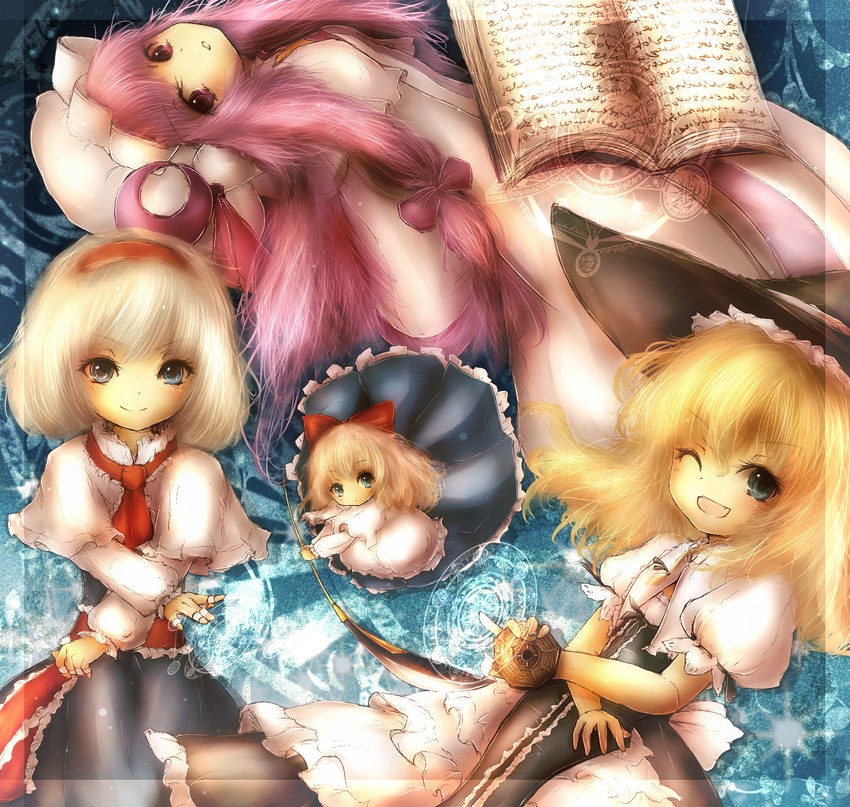 kirisame marisa, alice margatroid, patchouli knowledge, and shanghai doll (touhou) drawn by amano_jack