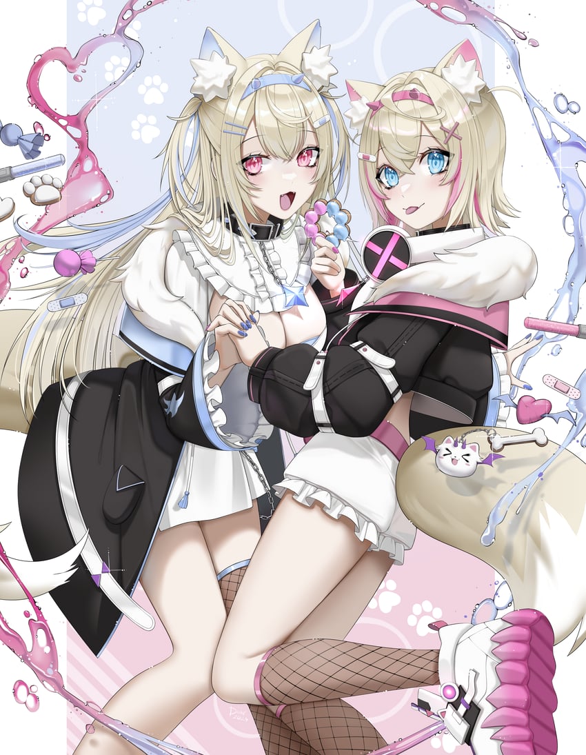 fuwawa abyssgard, mococo abyssgard, and perroccino (hololive and 1 more) drawn by dakemichan
