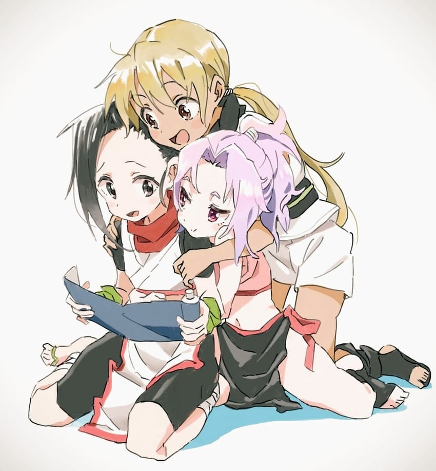 tsubaki, sazanka, and asagao (kunoichi tsubaki no mune no uchi) drawn by flask00