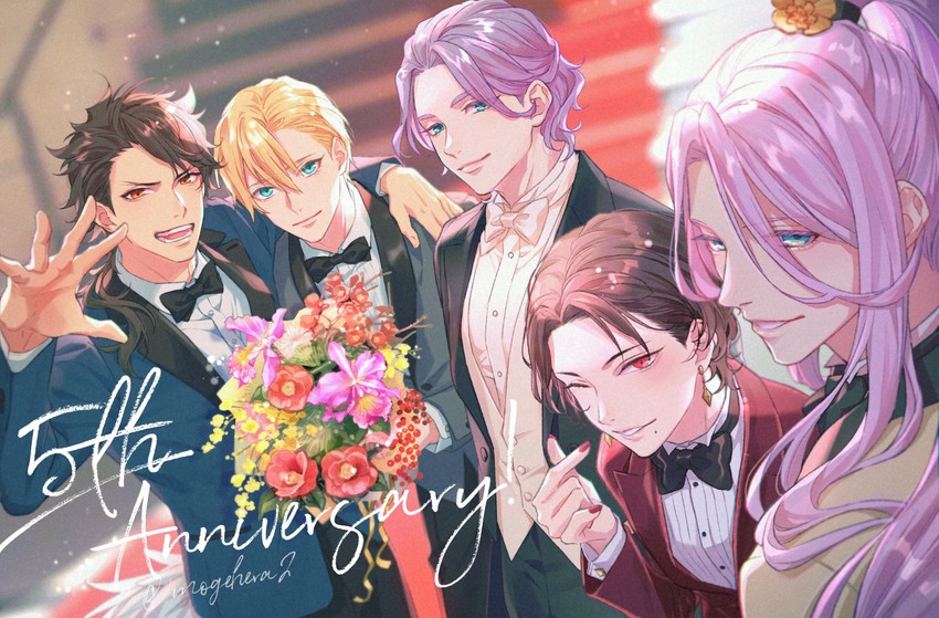 kashuu kiyomitsu, yamanbagiri kunihiro, mutsu-no-kami yoshiyuki, kasen kanesada, and hachisuka kotetsu (touken ranbu) drawn by moge-hera