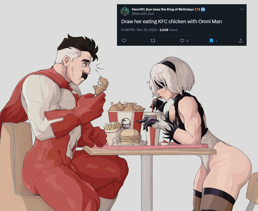 2b, colonel sanders, and omni-man (nier and 3 more) drawn by yoracrab