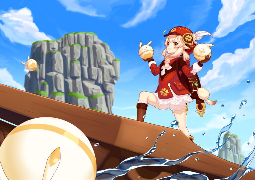 klee, dodoco, and jumpy dumpty (genshin impact) drawn by dd_che_shen