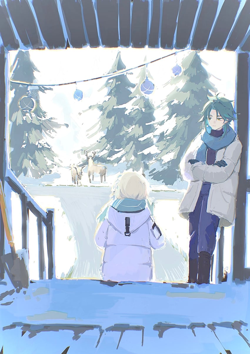 lumine and xiao (genshin impact) drawn by n.s.egg