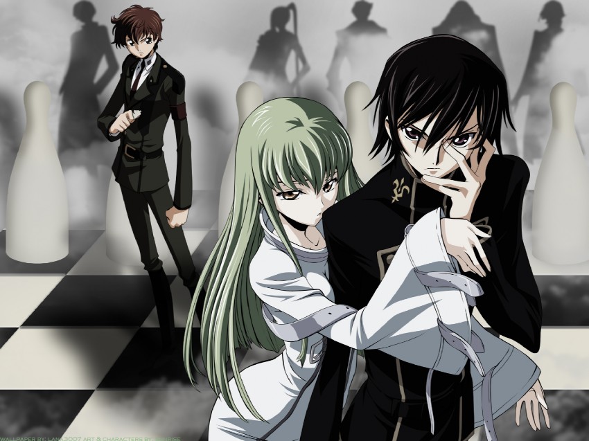 c.c., lelouch vi britannia, and kururugi suzaku (code geass)