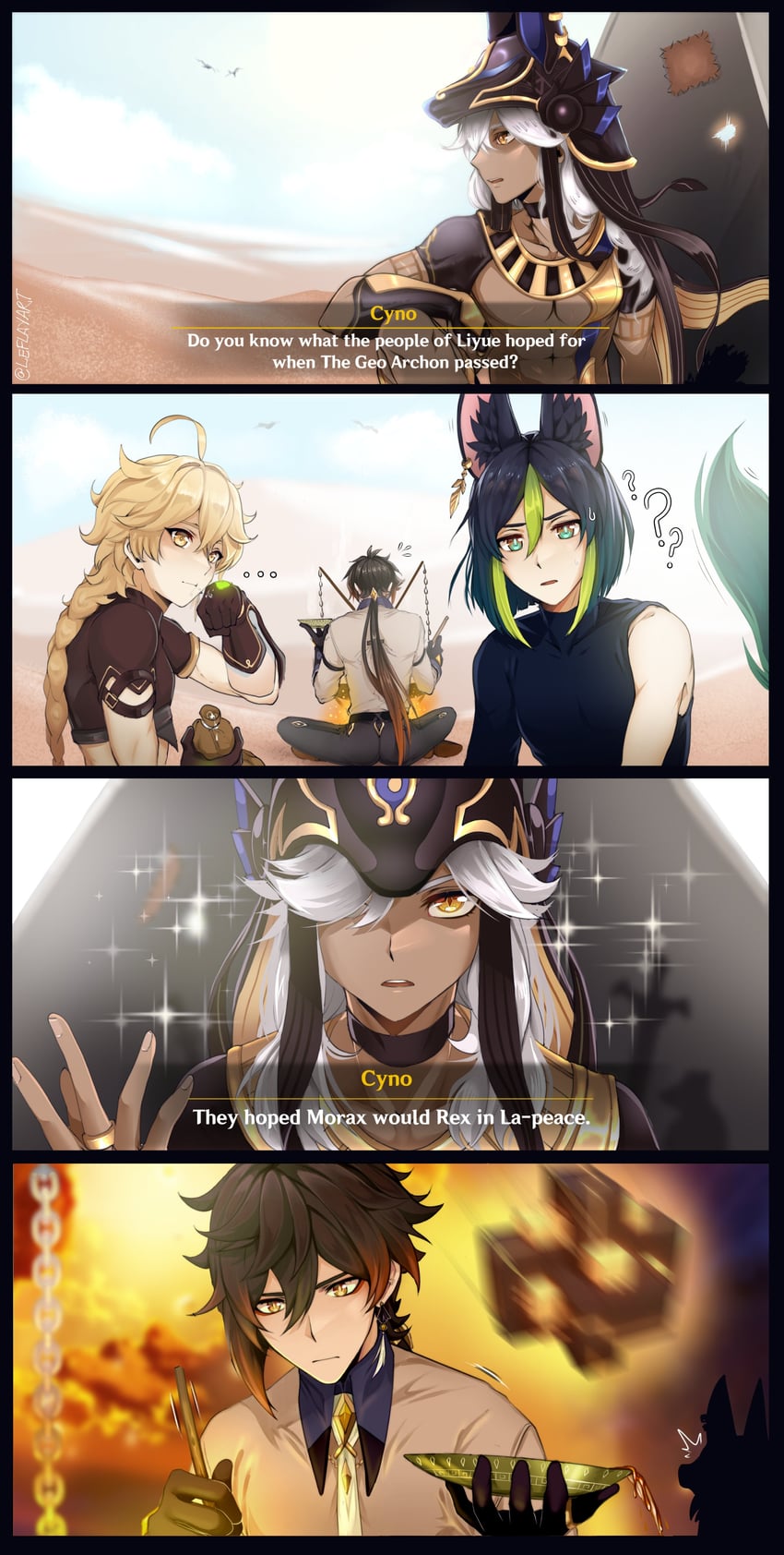 aether, zhongli, tighnari, and cyno (genshin impact) drawn by leflayart