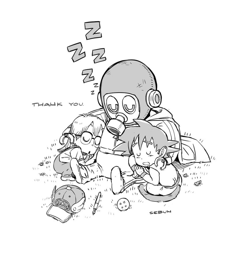 son goku, norimaki arale, and toriyama akira (dragon ball and 1 more) drawn by 7bun_junbun