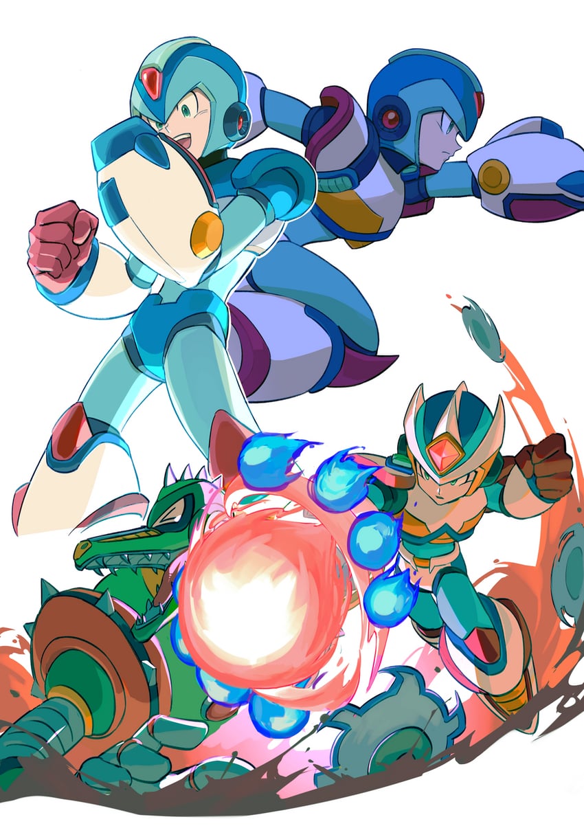 x, second armor x, and wheel gator (mega man and 2 more) drawn by u_wstr