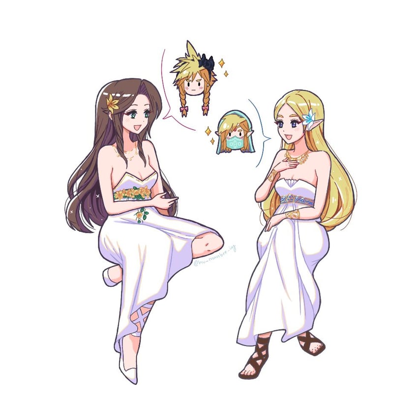 link, princess zelda, cloud strife, and aerith gainsborough (final fantasy and 5 more) drawn by hu_manbee_ing