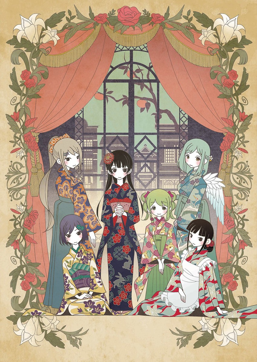 tsukino mito, higuchi kaede, shizuka rin, morinaka kazaki, suzuka utako, and 1 more (nijisanji) drawn by kumeta_kouji