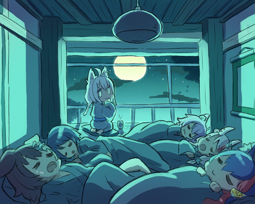 shirakami fubuki, nekomata okayu, ookami mio, oozora subaru, inugami korone, and 1 more (hololive) drawn by yunra665