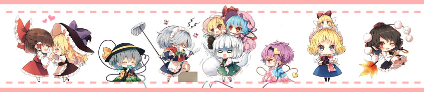 hakurei reimu, kirisame marisa, remilia scarlet, flandre scarlet, izayoi sakuya, and 6 more (touhou) drawn by piyokichi