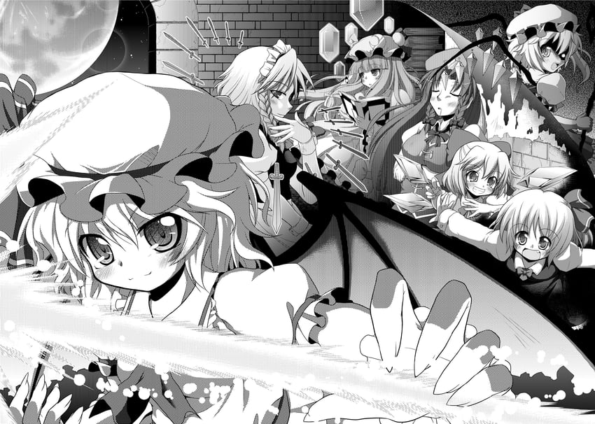 remilia scarlet, flandre scarlet, izayoi sakuya, cirno, patchouli knowledge, and 2 more (touhou and 1 more) drawn by iwanosuke