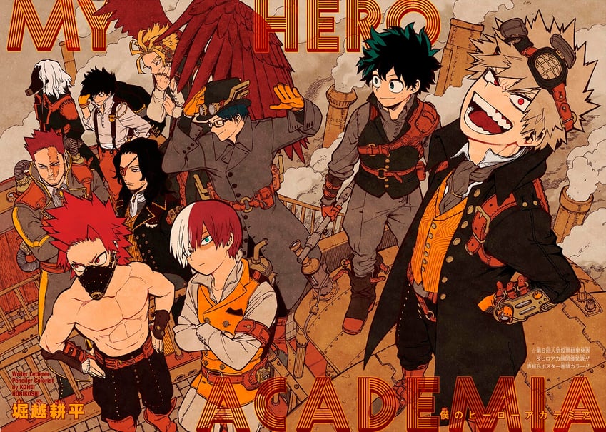 midoriya izuku, bakugou katsuki, todoroki shoto, endeavor, hawks, and 5 more (boku no hero academia) drawn by horikoshi_kouhei