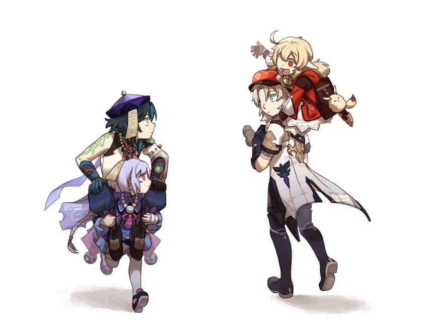 klee, xiao, qiqi, dodoco, and albedo (genshin impact) drawn by qiinamii