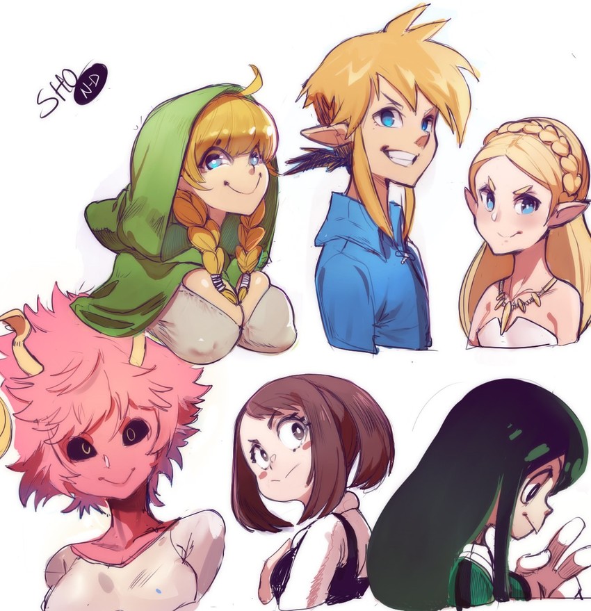 link, princess zelda, uraraka ochaco, asui tsuyu, ashido mina, and 1 more (boku no hero academia and 3 more) drawn by sho-n-d