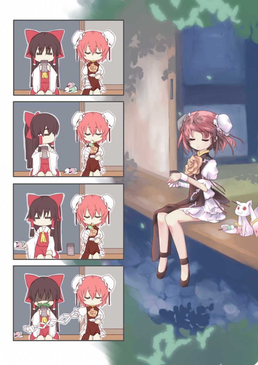 hakurei reimu, kyubey, and ibaraki kasen (touhou and 1 more) drawn by kinjo_kuromomo