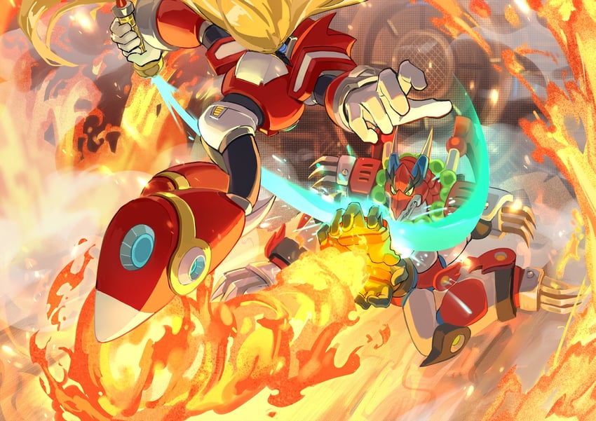 zero and magma dragoon (mega man and 2 more) drawn by u_wstr