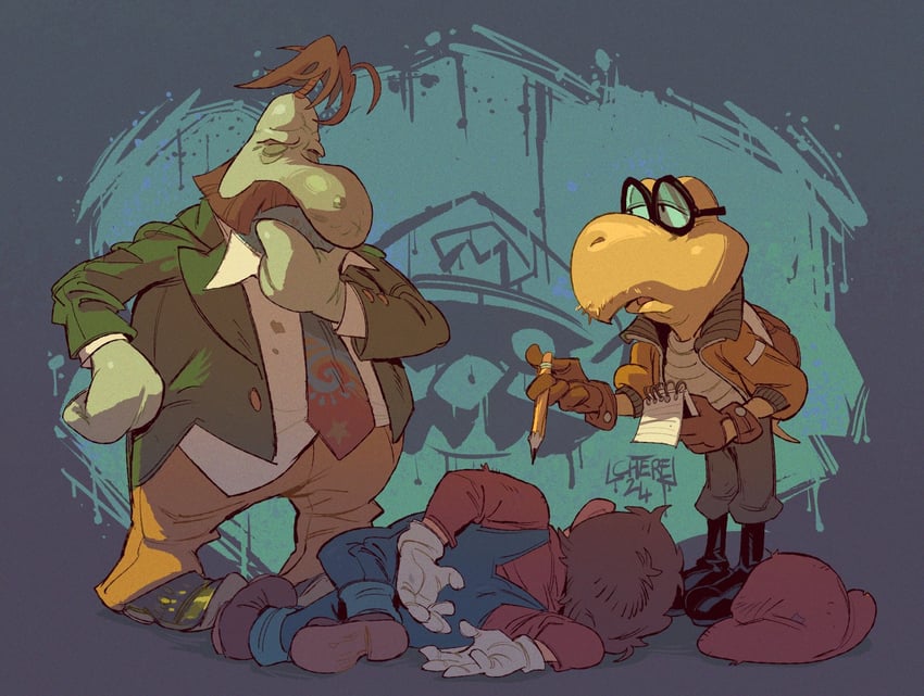 mario, koopa troopa, kim kitsuragi, harry du bois, pianta, and 1 more (mario and 1 more) drawn by leo_cherel