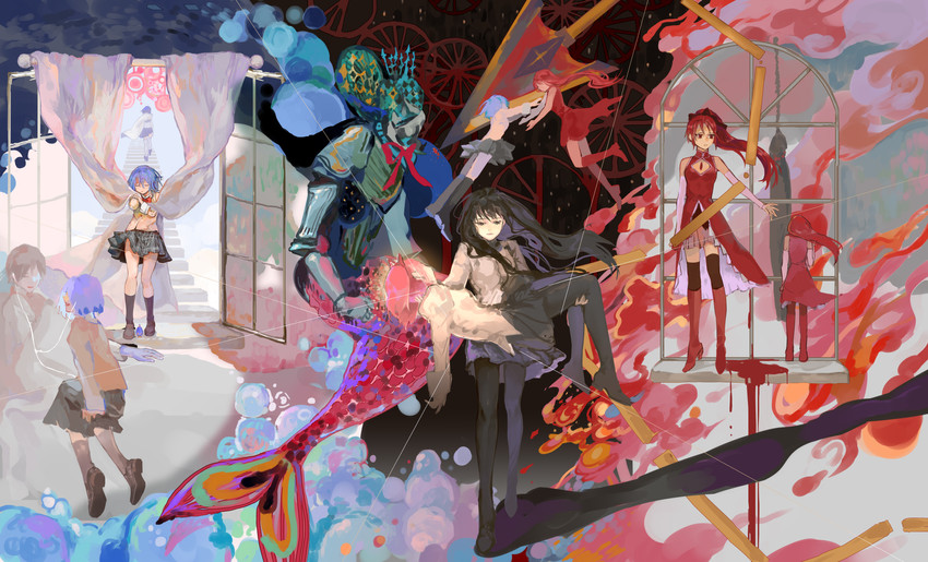 akemi homura, kaname madoka, miki sayaka, sakura kyoko, oktavia von seckendorff, and 1 more (mahou shoujo madoka magica) drawn by l-blanca