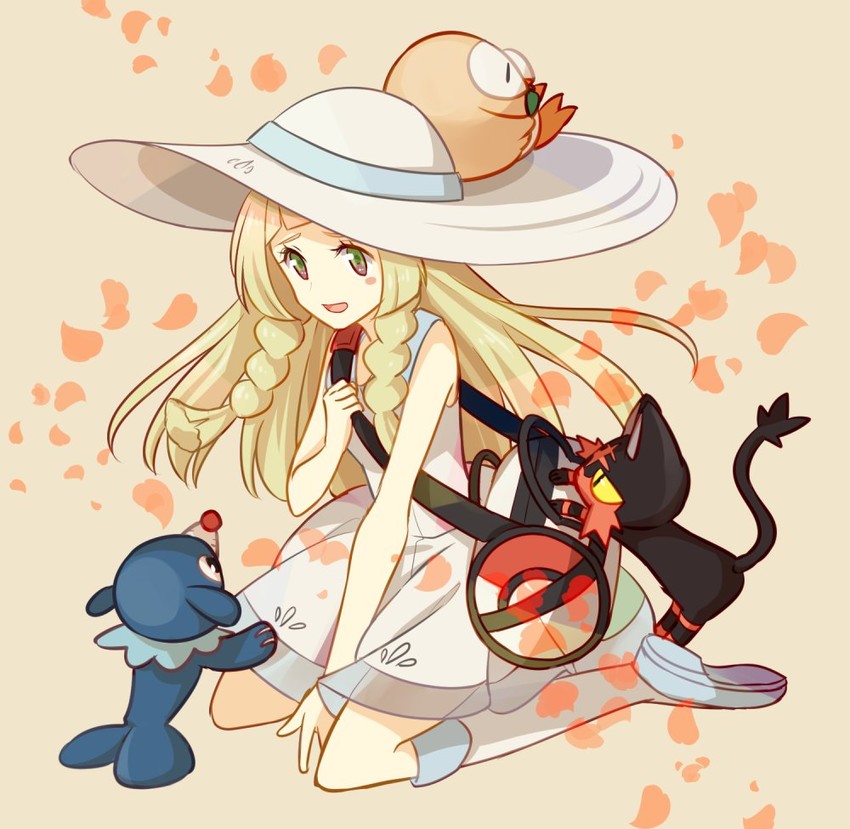 lillie, rowlet, popplio, and litten (pokemon and 1 more) drawn by hari611