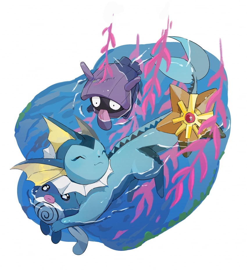 vaporeon, staryu, poliwag, and shellder (pokemon) drawn by cyauken_(ouahloup)
