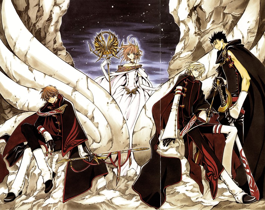sakura hime, xiaolang, fai d. flowright, and kurogane (tsubasa chronicle) drawn by clamp_(circle)