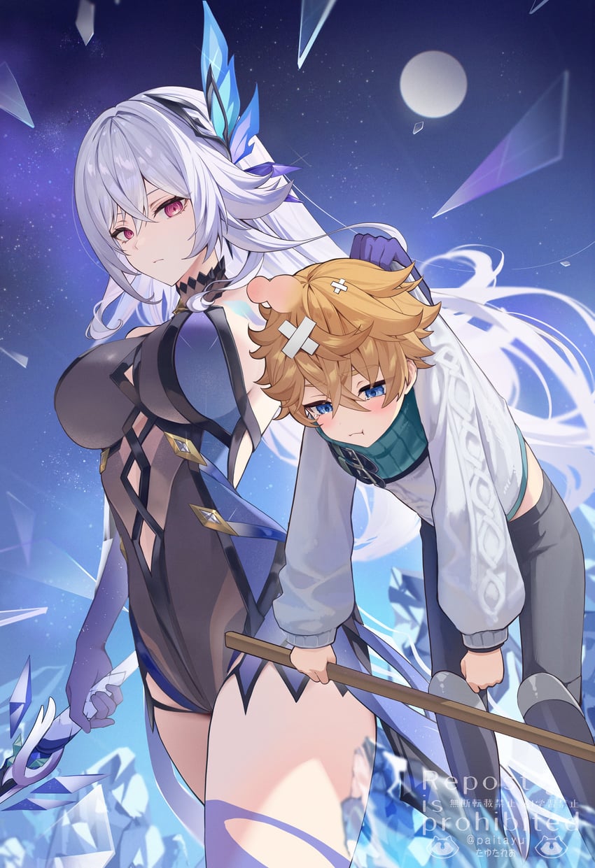 tartaglia and skirk (genshin impact) drawn by pi_tayuko
