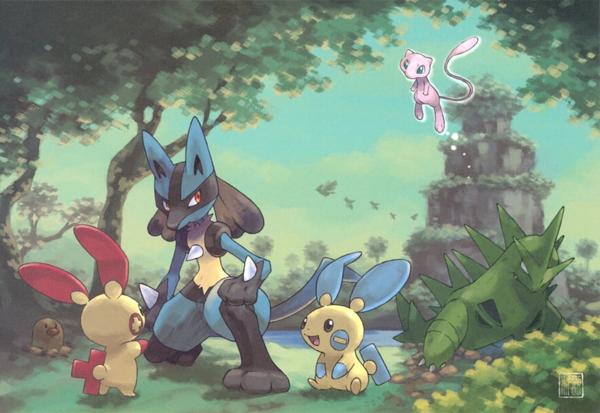 lucario, mew, minun, plusle, diglett, and 1 more (pokemon) drawn by sugimori_ken