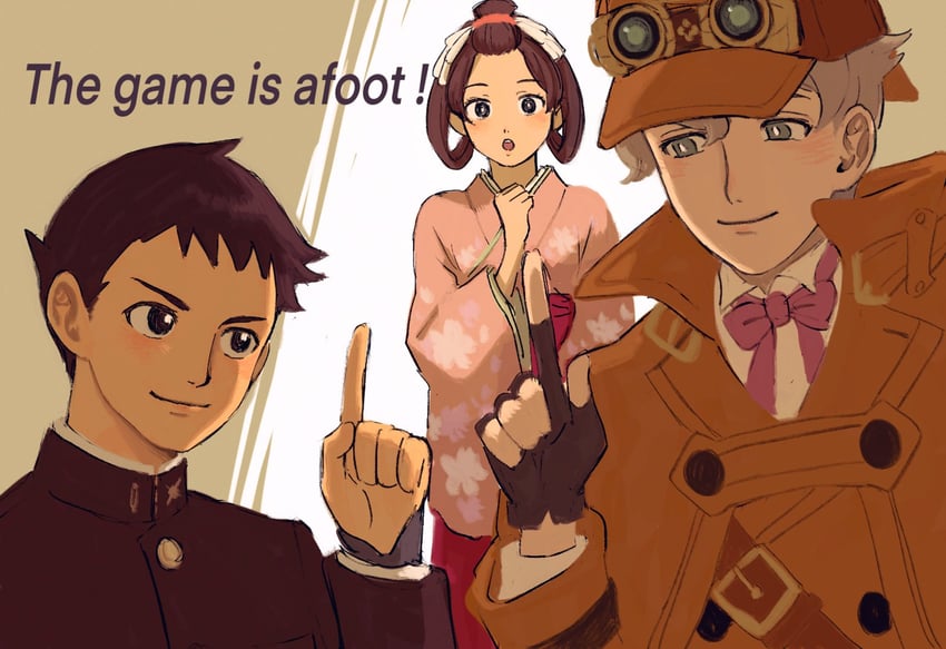 ryunosuke naruhodo, herlock sholmes, and susato mikotoba (ace attorney and 1 more) drawn by renshu_usodayo