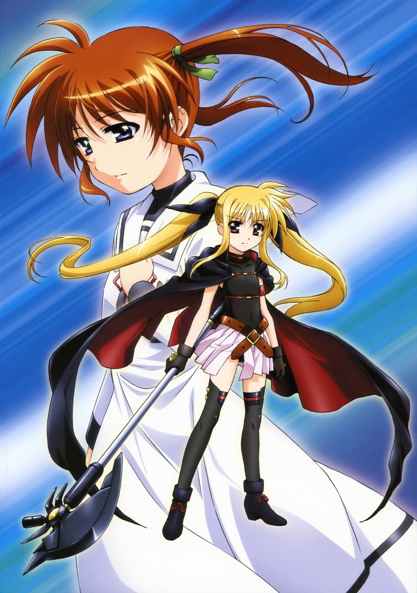 fate testarossa, takamachi nanoha, and bardiche (lyrical nanoha and 3 more) drawn by okuda_yasuhiro