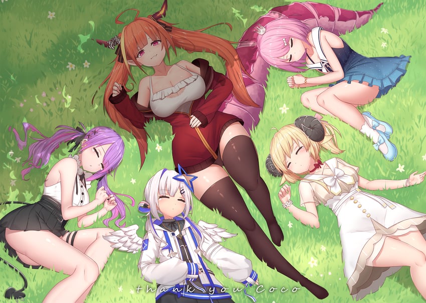 tokoyami towa, amane kanata, kiryu coco, tsunomaki watame, and himemori luna (hololive) drawn by bu_li