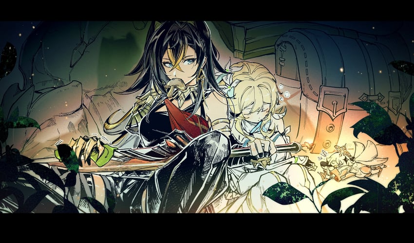 lumine, paimon, and dehya (genshin impact) drawn by sumirou-kun