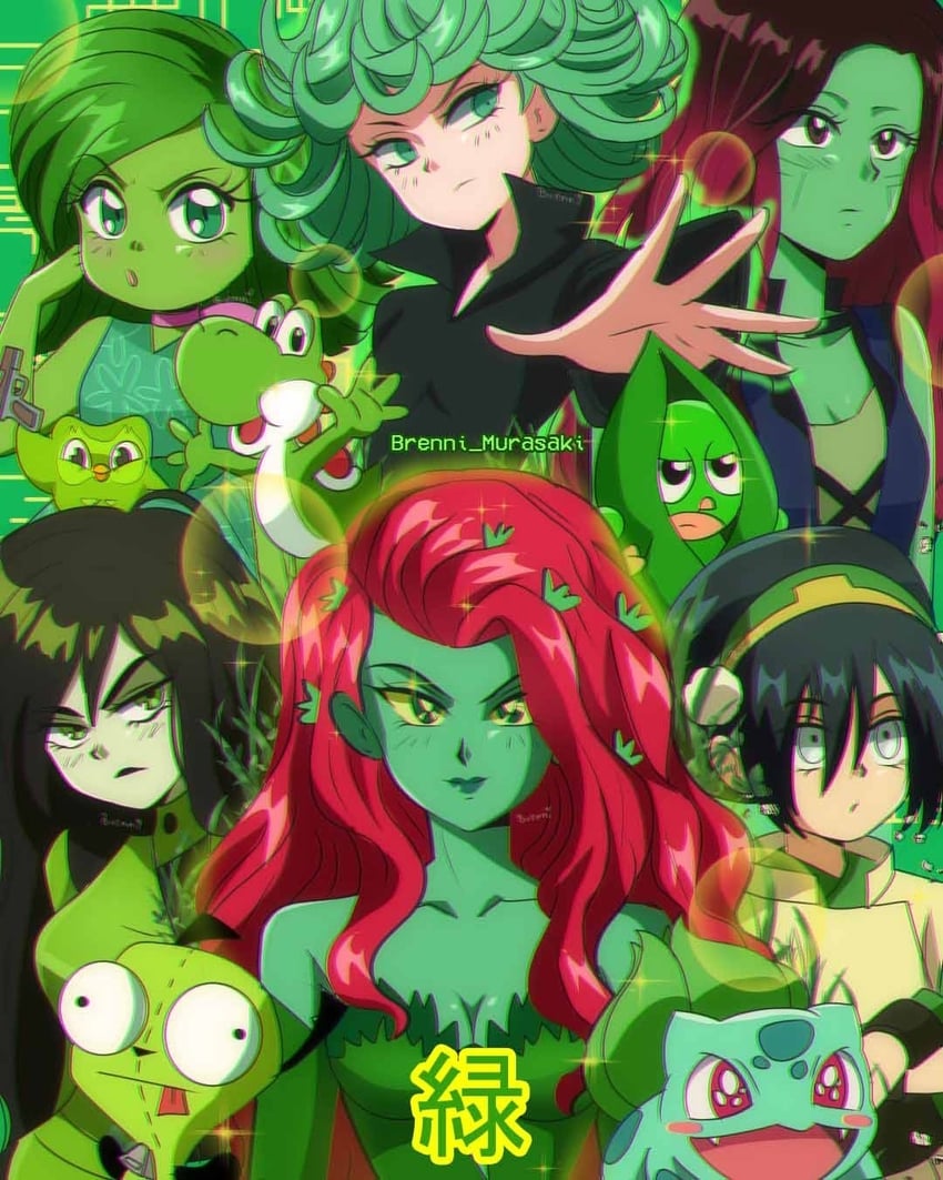 tatsumaki, bulbasaur, yoshi, toph beifong, poison ivy, and 6 more (pokemon and 13 more) drawn by brenni_murasaki