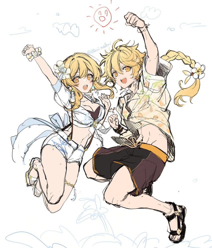 lumine and aether (genshin impact) drawn by matori_(penguin_batake)