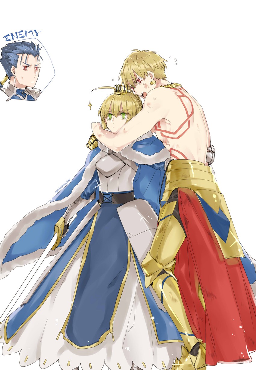 artoria pendragon, saber, gilgamesh, and cu chulainn (fate and 2 more) drawn by 88_(einnimnech)