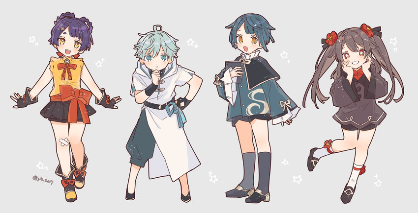 hu tao, xingqiu, chongyun, and xiangling (genshin impact) drawn by yayoripain