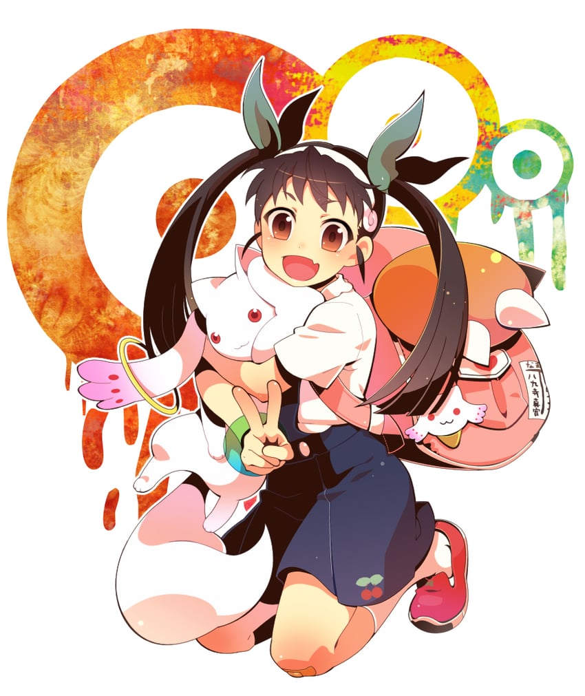 kyubey, hachikuji mayoi, and katou emiri (mahou shoujo madoka magica and 3 more) drawn by hajime_(vasu)