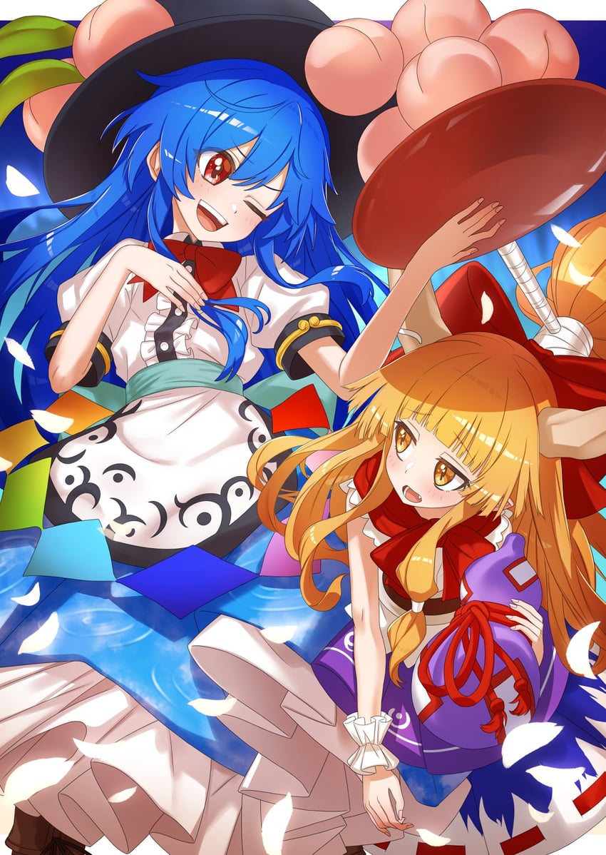 hinanawi tenshi and ibuki suika (touhou) drawn by fuji_tarawi